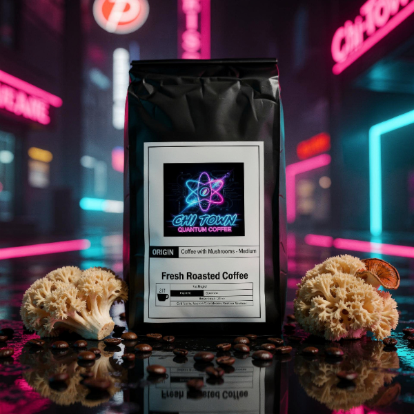 Coffee bag with 'Chil Town Coffee' label on a reflective surface with neon lights in the background