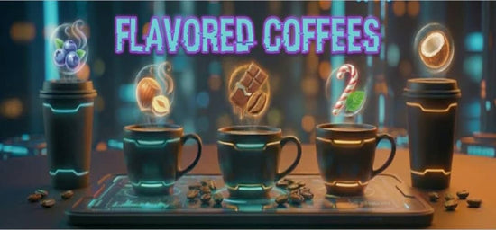 Neon signs indicating flavored coffees with coffee cups and coffee beans on a dark background